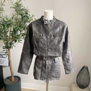 Vintage Style Washed Grey Moto Leather Jacket & Mini Skirt Set M